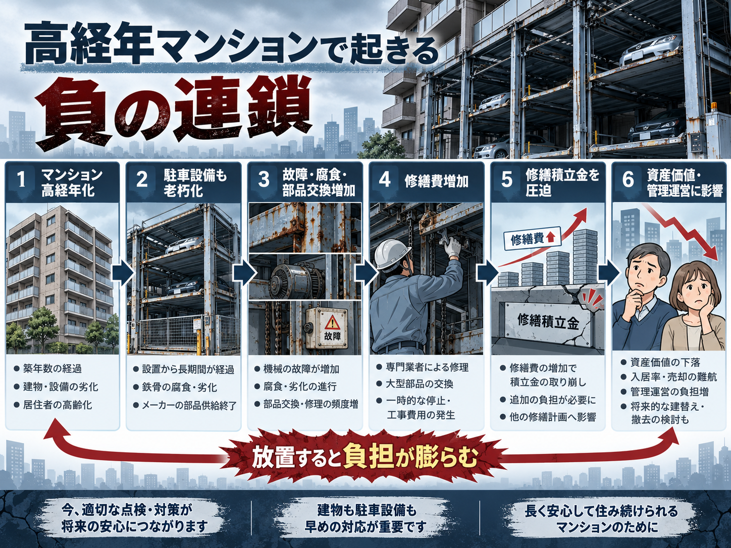 高経年マンションで機械式駐車場の老朽化が修繕積立金を圧迫する流れ