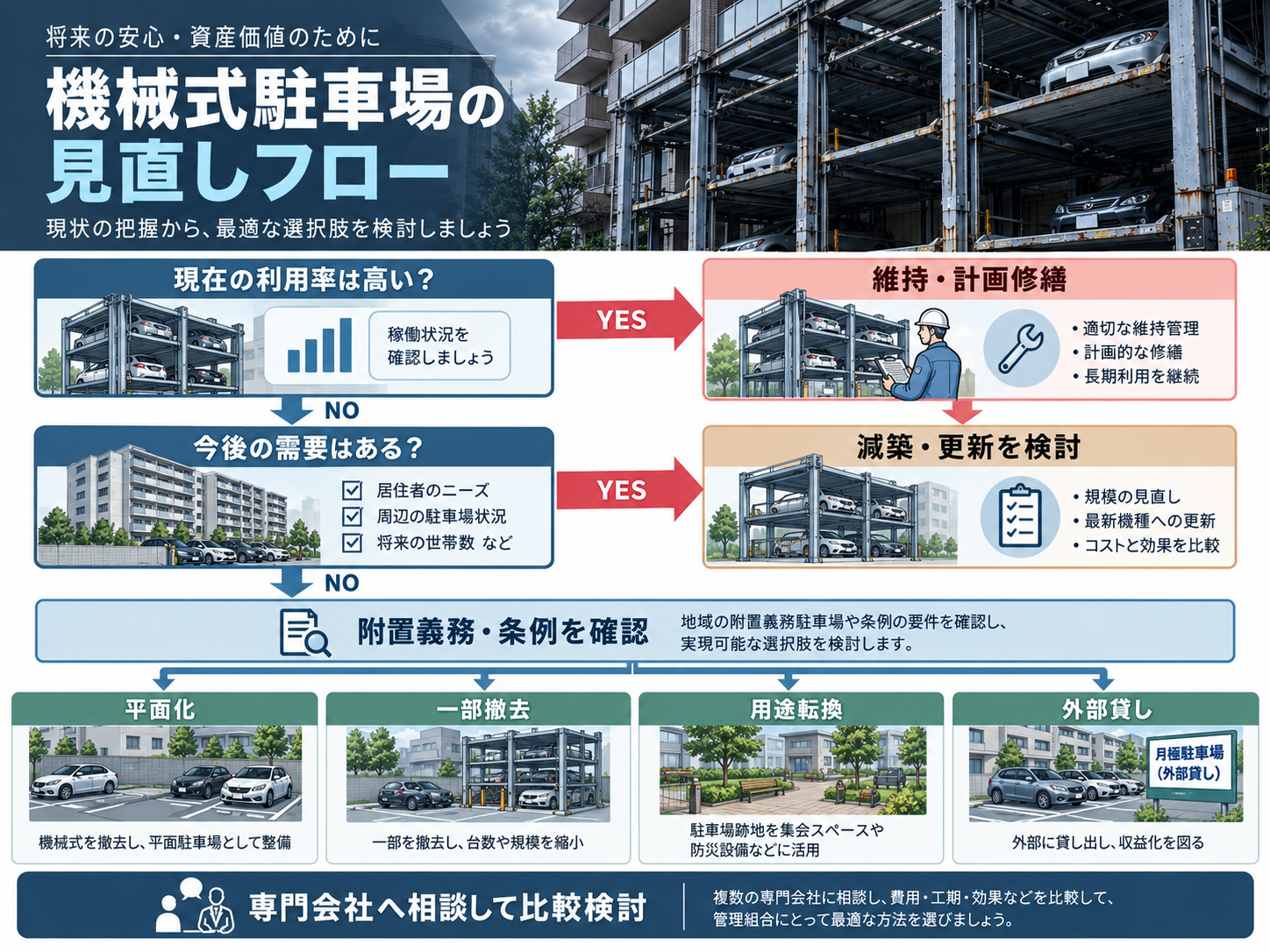 機械式駐車場の維持・減築・更新・平面化などを検討する見直しフロー