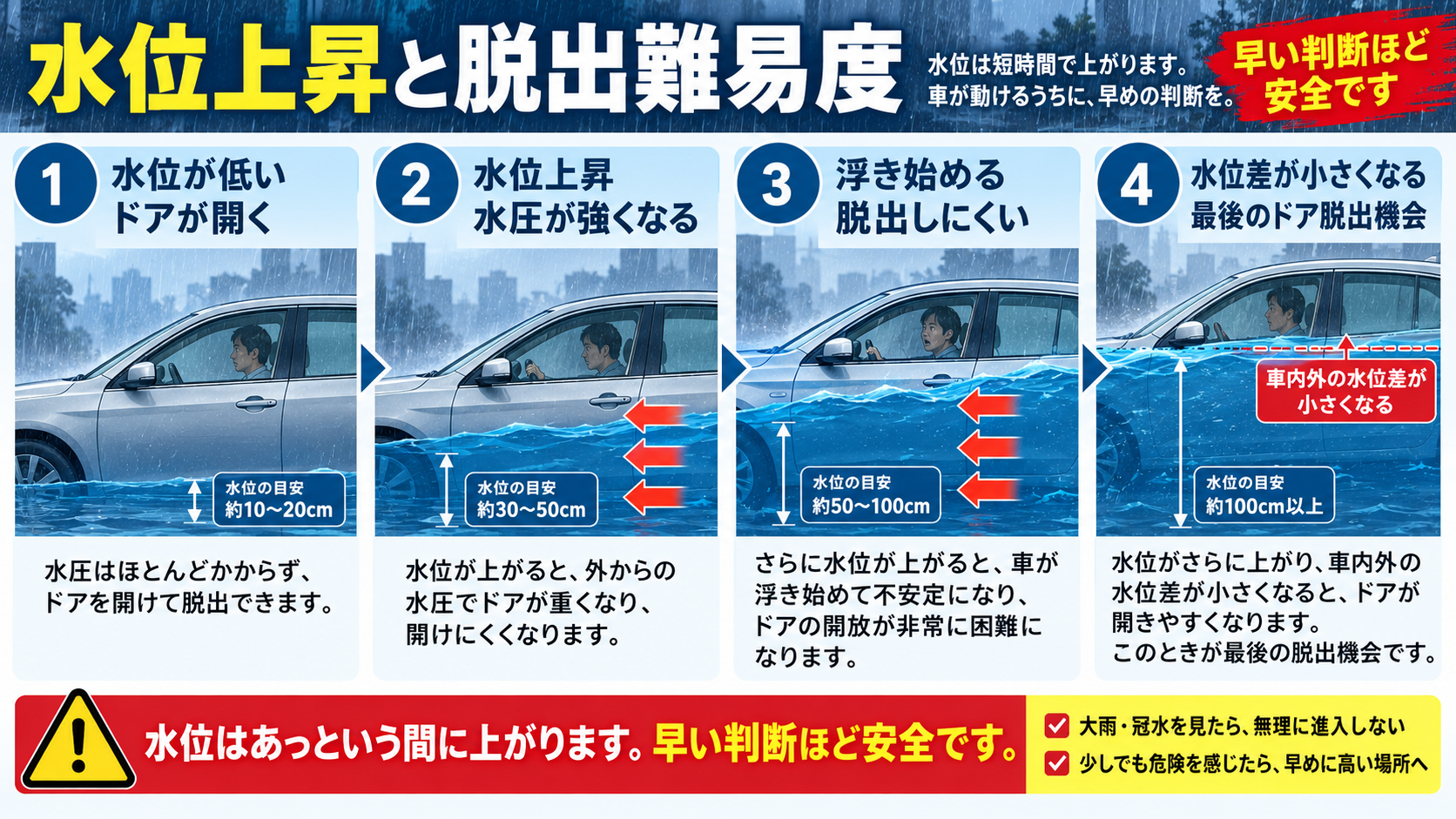 車外の水位が上がるにつれて水圧でドアが開きにくくなり、車が浮くと脱出が難しくなることを示す図