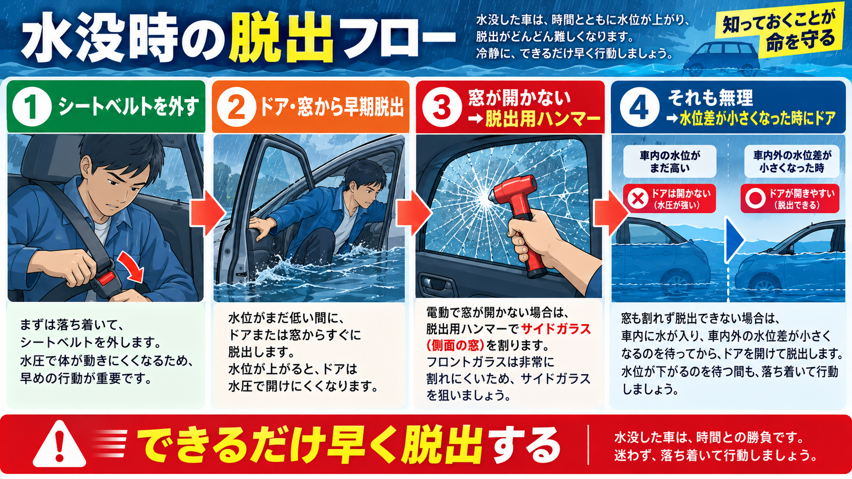 水没時にシートベルトを外し、ドアや窓から脱出し、開かなければ脱出用ハンマーを使う手順を示す図