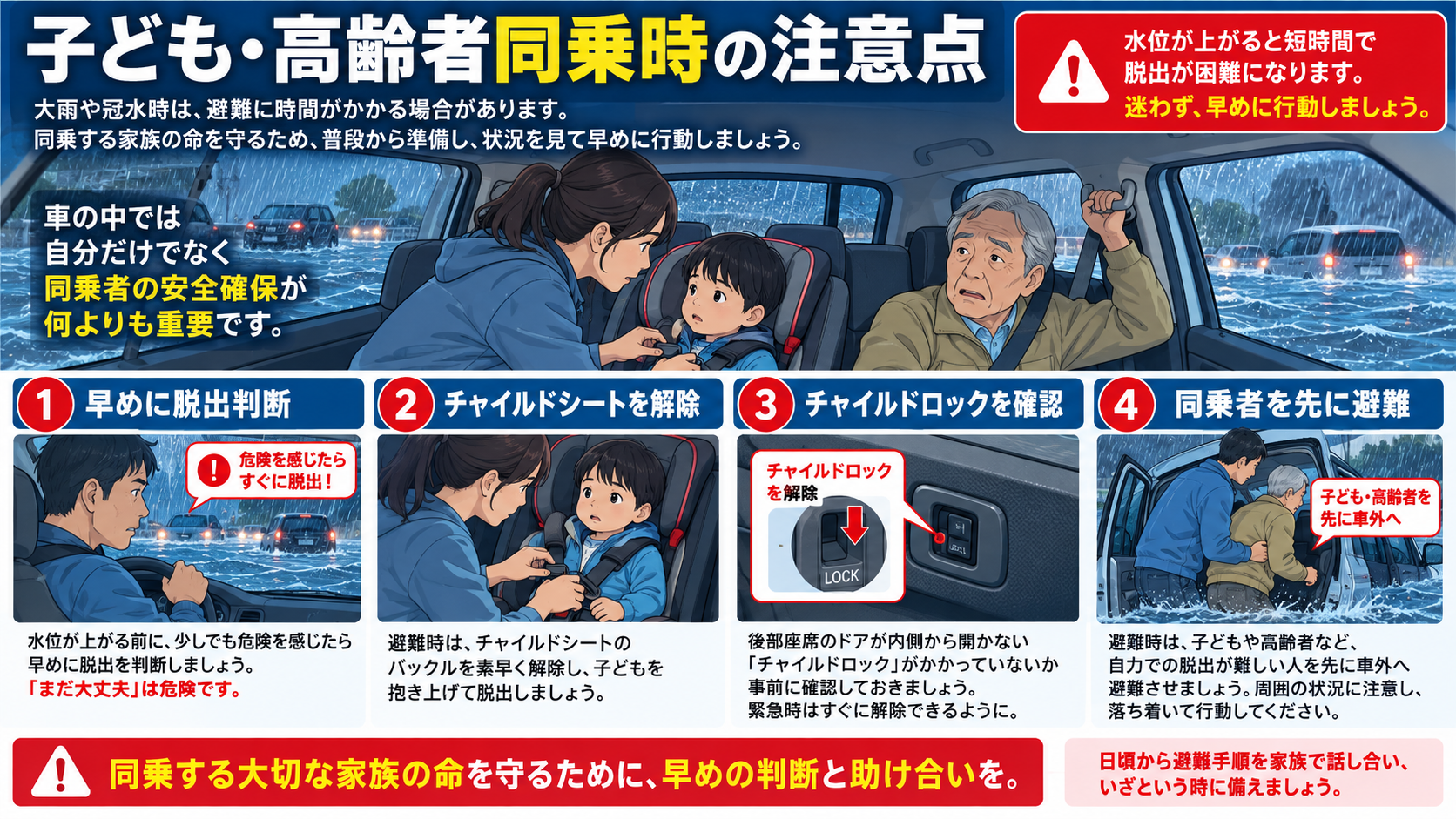 車の水没時に子どものチャイルドシートを解除し、高齢者などの同乗者を早めに避難させる手順を示す図
