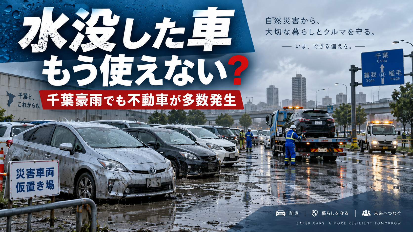 千葉県の豪雨で水没し、移動できなくなった車両とレッカー車