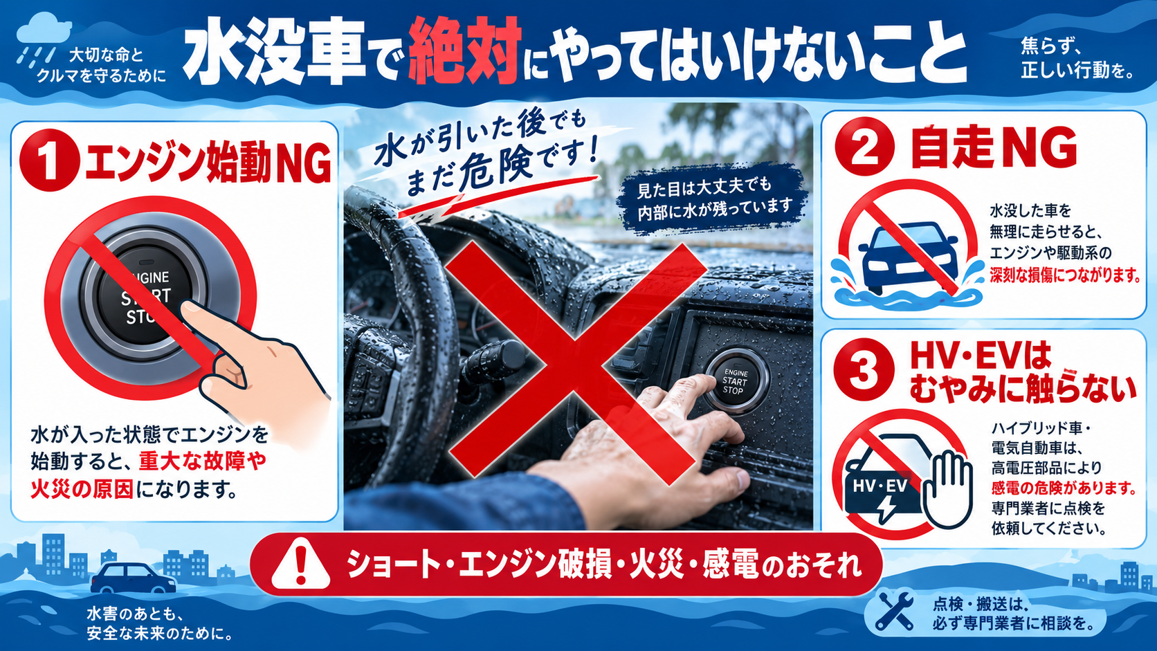 水没車のエンジンをかけず、自走やハイブリッド車・電気自動車への接触を避ける注意点